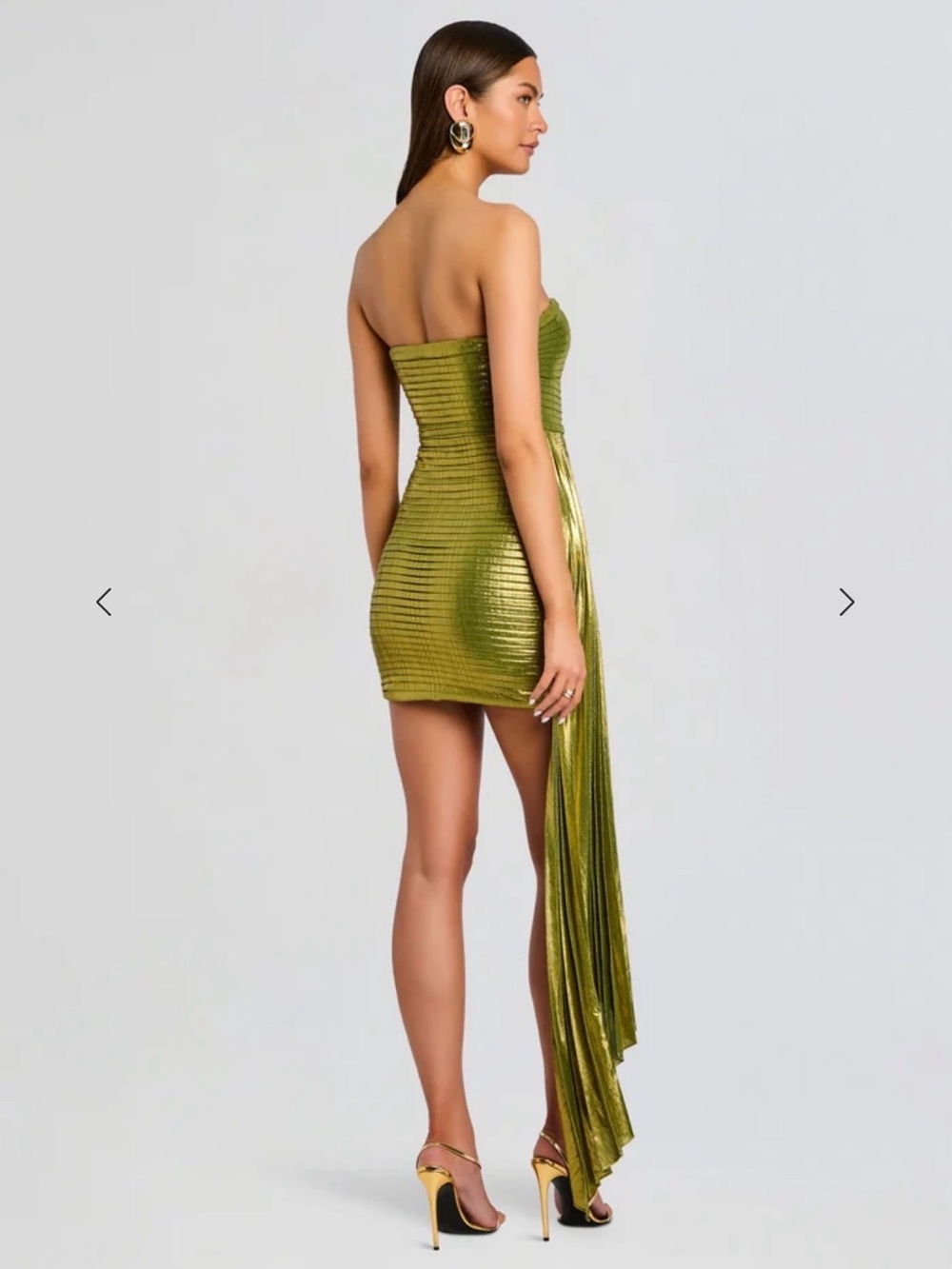 Marcy Dress. Retrofete Metallic Peridot Strapless Dress with Draped Sash - Picture 4 of 5